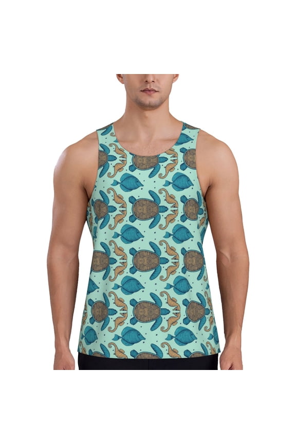 Turtles And Seahorses Print Men's Quick Dry Fitness Vest, Round Neck Sleeveless Fitness Bodybuilding Top-Large