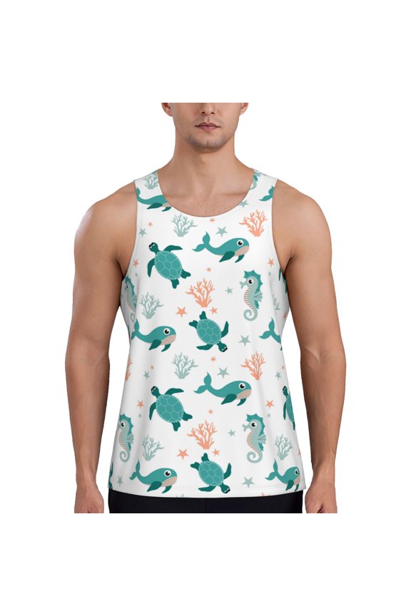 Turtles And Seahorses Print Men's Quick Dry Fitness Vest, Round Neck Sleeveless Fitness Bodybuilding Top-X-Large
