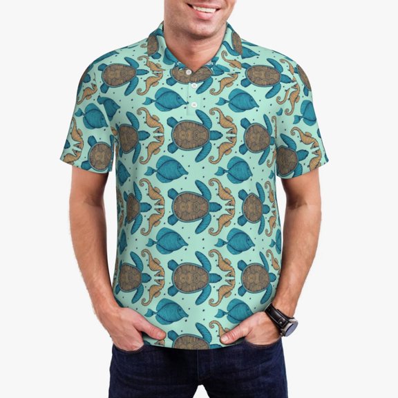Gukieu Turtles And Seahorses Print Men's Quick-drying POLO Shirt, Button-down Summer T-shirt, Suitable for Work and Outdoor Activities-Medium
