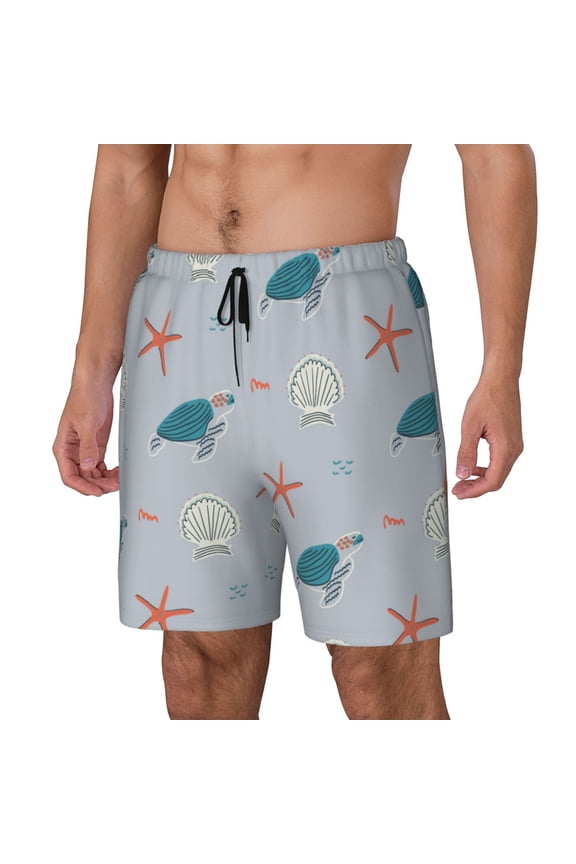 Turtles And Shells Print Men's Double Layer Sports Swim Trunks, Quick Dry Adjustable Waist Swim Shorts Swimwear-Medium