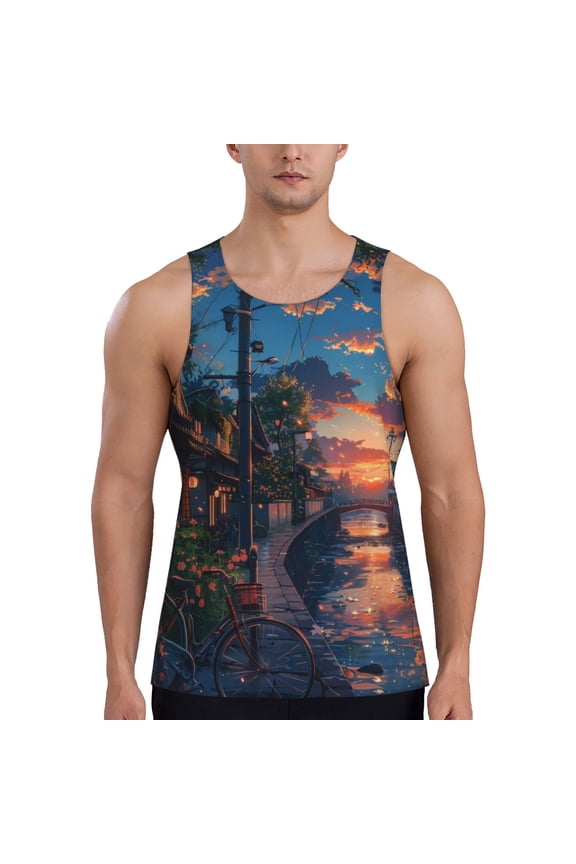 Twilight Canal Reflection Print Men's Quick Dry Fitness Vest, Round Neck Sleeveless Fitness Bodybuilding Top-X-Large