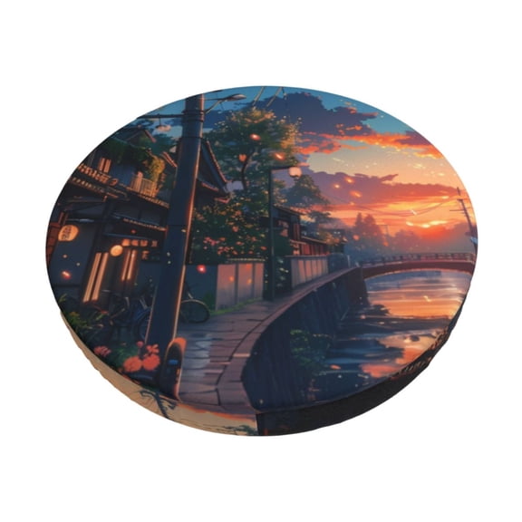 Gukieu Twilight Canal Reflection Print Round Chair Cover, Dust-proof and Non-slip Bar Chair Protective Cover, Suitable for Bars, Restaurants, Offices-12 inch