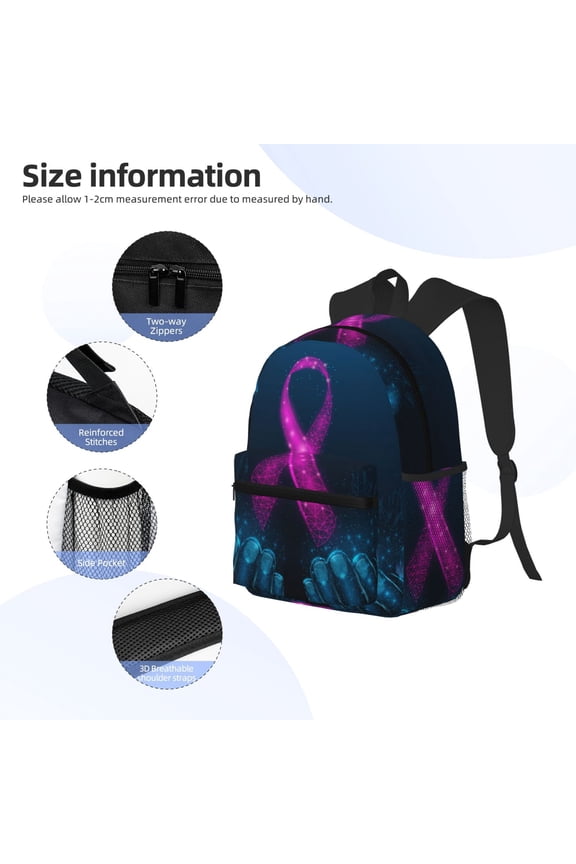 Two Human Hands are Holds Pink Ribbon Awareness Print Backpack, Waterproof Backpack with Adjustable Shoulder Straps, Suitable for Campus, Business, Travel, Unisex