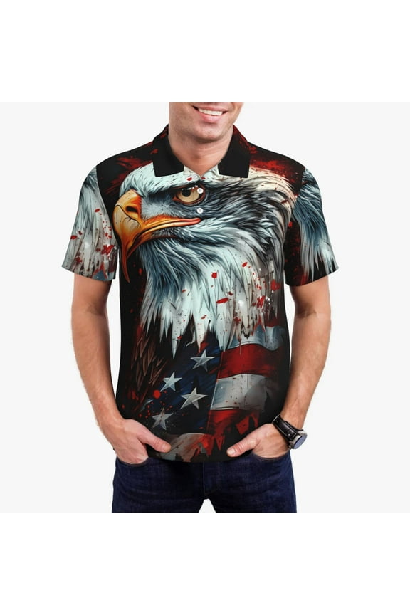 USA Bald Eagle Print Men's Quick-drying POLO Shirt, Button-down Summer T-shirt, Suitable for Work and Outdoor Activities-Medium