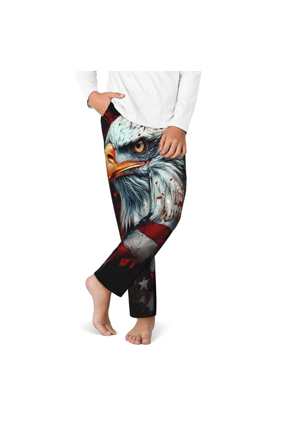 USA Bald Eagle Print Youth Home Trousers, Elastic Waistband with Pockets for Home and Outing, Suitable for Children Aged 5-16-Large