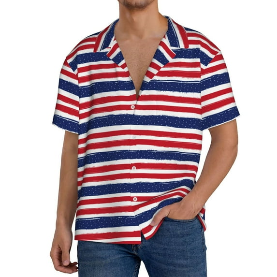 Gukieu USA Colors Stripes Print Men's Short-sleeved Shirts, Button-down Pocket Shirts, T-shirts, Beach Vacation Travel Summer Clothing-Small