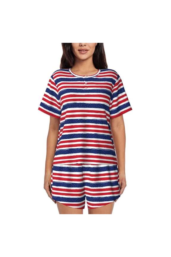 USA Colors Stripes Print Women's Short-sleeved Pajama Set, Round Neck Button Top Elastic Shorts 2-piece Set, Summer Home Leisure Clothing-3X-Large