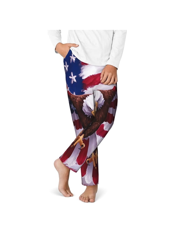 USA Eagle with Spread Wings Print Youth Home Trousers, Elastic Waistband with Pockets for Home and Outing, Suitable for Children Aged 5-16-XS(5-6)
