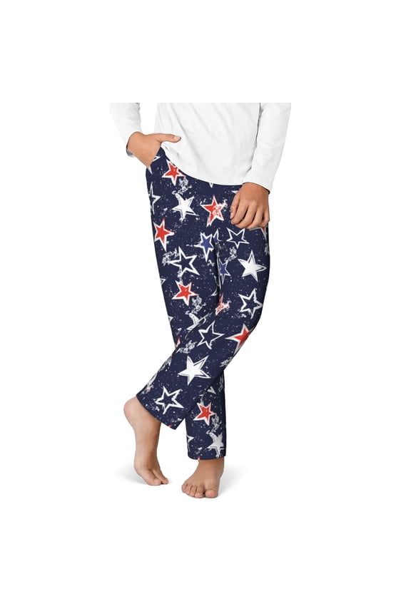 USA Stars Print Youth Home Trousers, Elastic Waistband with Pockets for Home and Outing, Suitable for Children Aged 5-16-Medium