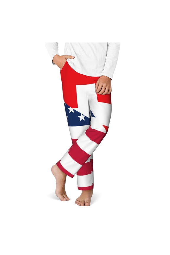 USA Switzerland Print Youth Home Trousers, Elastic Waistband with Pockets for Home and Outing, Suitable for Children Aged 5-16-Small