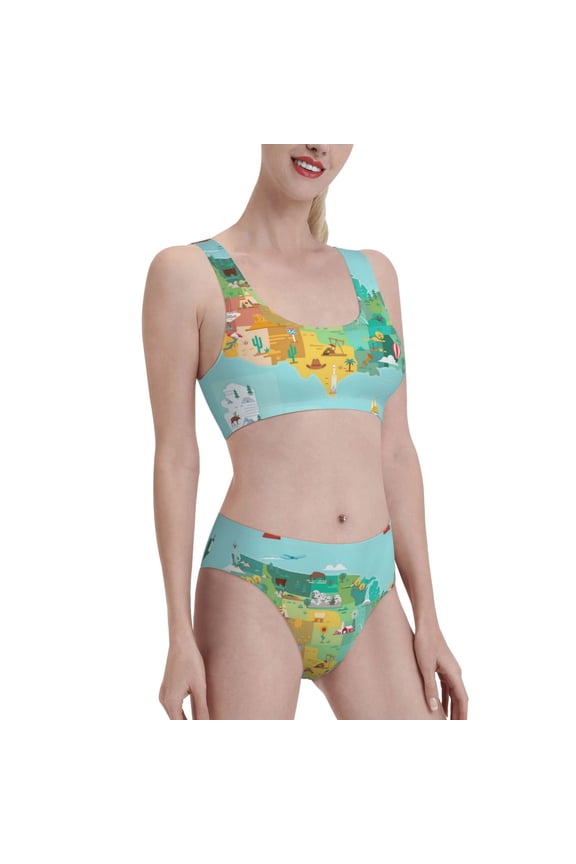 USA Tourist Map Print Women's Swimsuit Set, U-shaped Swimsuit High Waist Swim Trunks Two-piece Quick-drying Sports Swimsuit