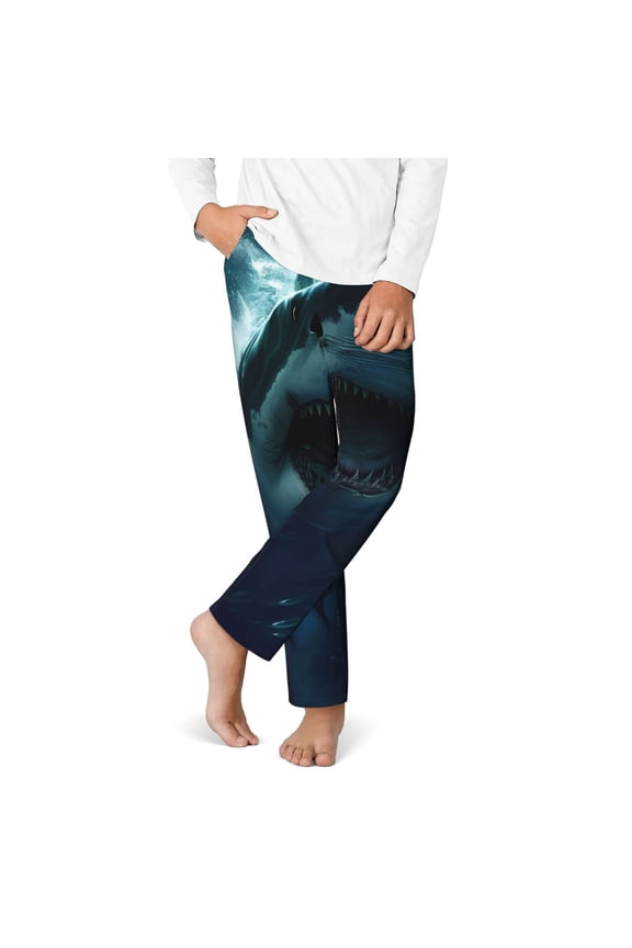 Undersea Shark Print Youth Home Trousers, Elastic Waistband with Pockets for Home and Outing, Suitable for Children Aged 5-16-Medium