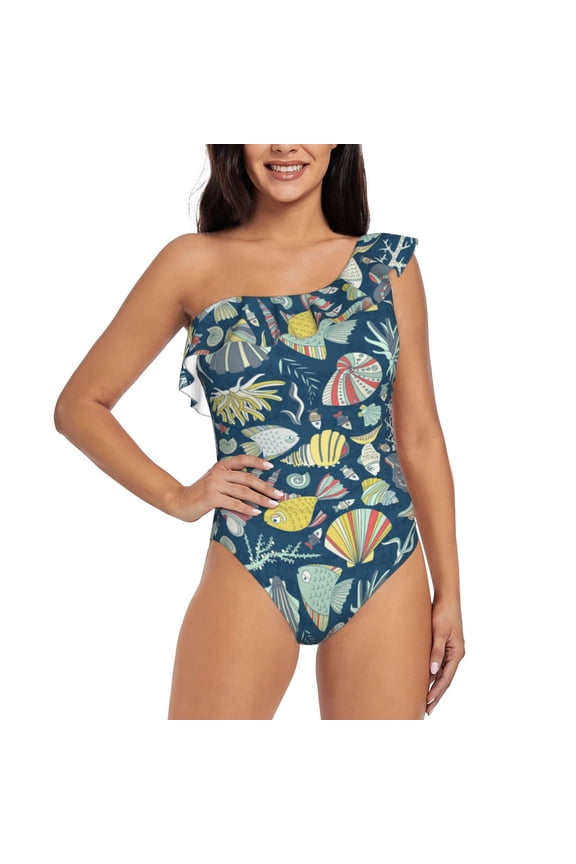 Underwater Creature Print One-shoulder Ruffled One-piece Swimsuit with Removable Chest Pads and Tummy-control Swimsuit for Women-X-Large