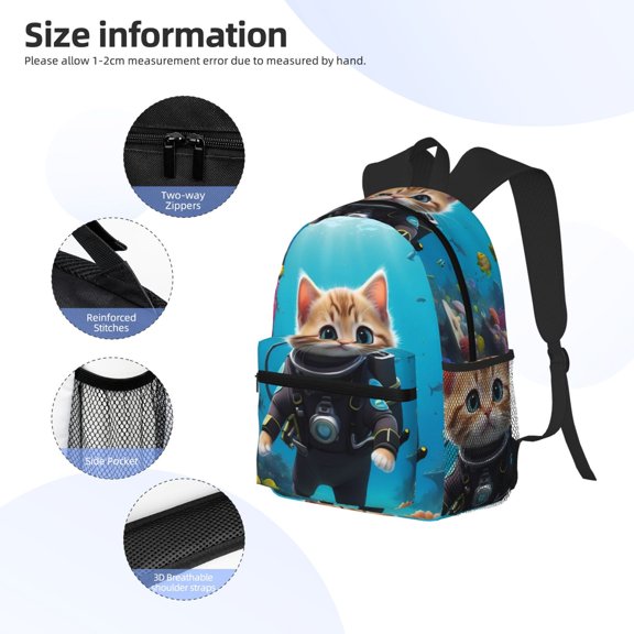 Gukieu Underwater Diving Cat Print Backpack, Waterproof Backpack with Adjustable Shoulder Straps, Suitable for Campus, Business, Travel, Unisex