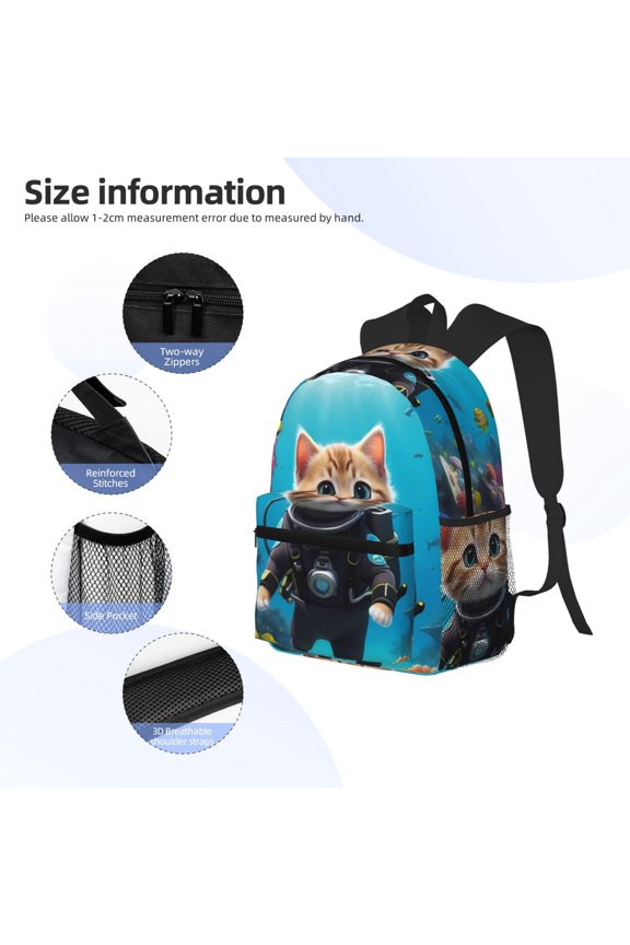 Underwater Diving Cat Print Backpack, Waterproof Backpack with Adjustable Shoulder Straps, Suitable for Campus, Business, Travel, Unisex