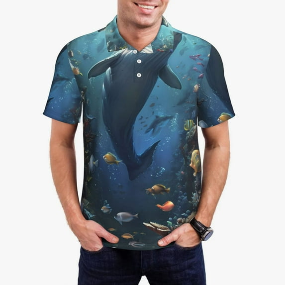 Gukieu Underwater Dolphin Print Men's Quick-drying POLO Shirt, Button-down Summer T-shirt, Suitable for Work and Outdoor Activities-Small