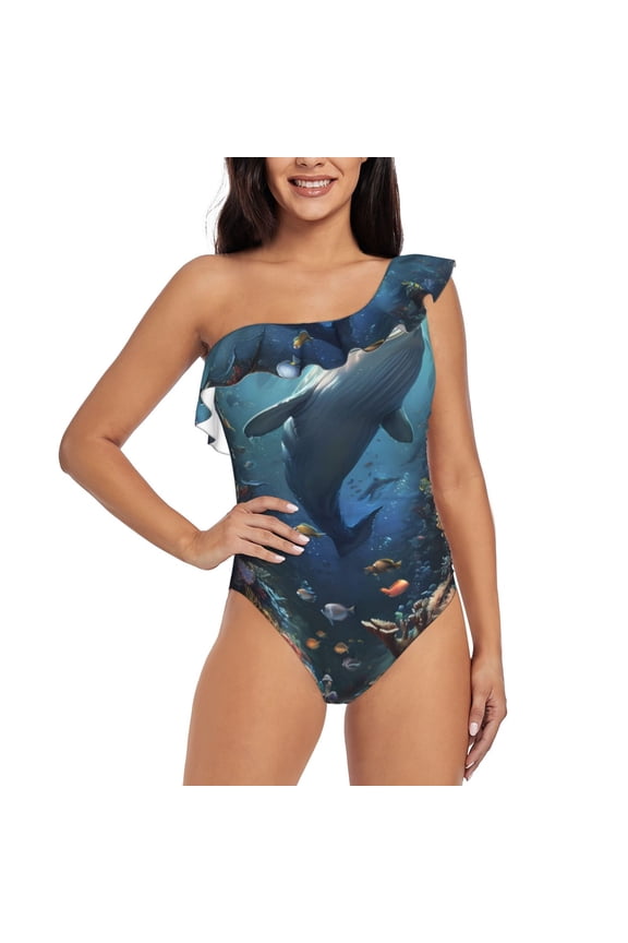 Underwater Dolphin Print One-shoulder Ruffled One-piece Swimsuit with Removable Chest Pads and Tummy-control Swimsuit for Women-Medium