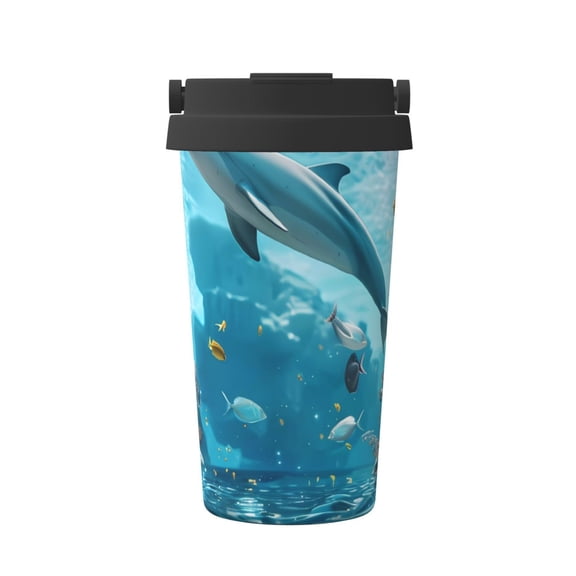 Gukieu Underwater Dolphin Scene Print Insulated Coffee Cup, Portable Stainless Steel Vacuum Cup with Lid, Unisex, Suitable for Office, Cafe, Car