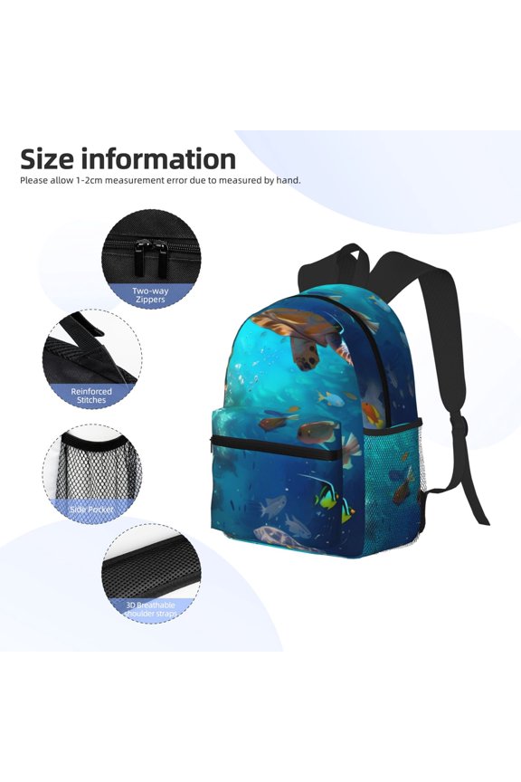 Underwater Fish Turtle Print Backpack, Waterproof Backpack with Adjustable Shoulder Straps, Suitable for Campus, Business, Travel, Unisex