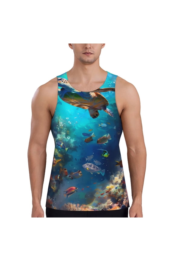 Underwater Fish Turtle Print Men's Quick Dry Fitness Vest, Round Neck Sleeveless Fitness Bodybuilding Top-3X-Large