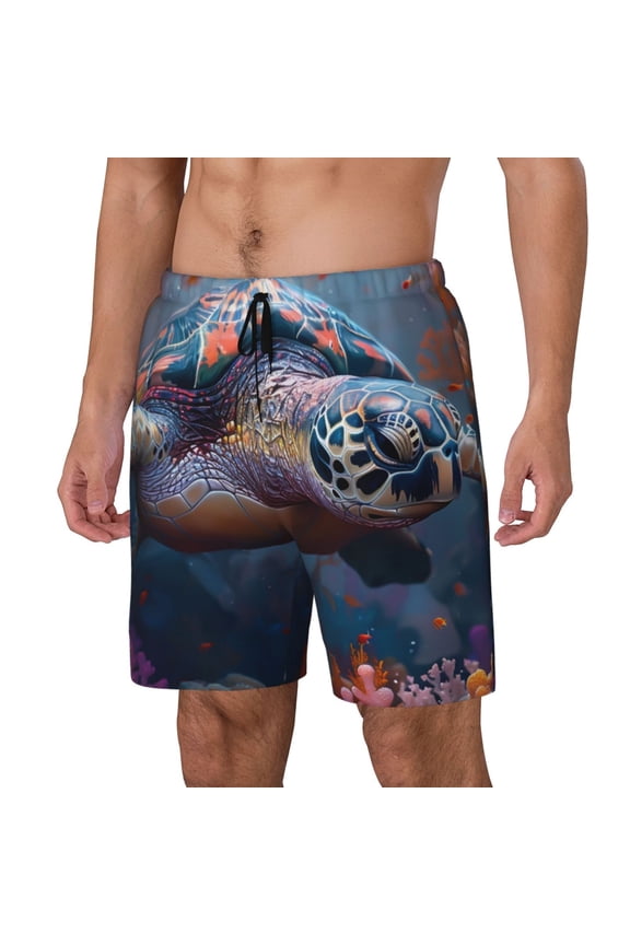 Underwater Lazy Turtle Print Men's Double Layer Sports Swim Trunks, Quick Dry Adjustable Waist Swim Shorts Swimwear-X-Large