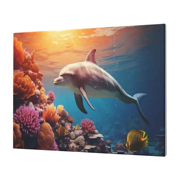 Gukieu Underwater Plant Dolphin Print Horizontal Canvas Decorative Painting 12x16 Inch Shrinkage Resistant Frame Hanging Home Wall Art Decor