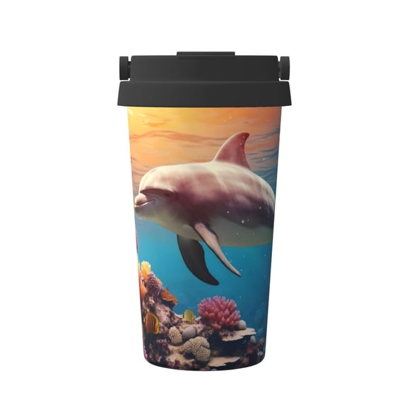 Gukieu Underwater Plant Dolphin Print Insulated Coffee Cup, Portable Stainless Steel Vacuum Cup with Lid, Unisex, Suitable for Office, Cafe, Car