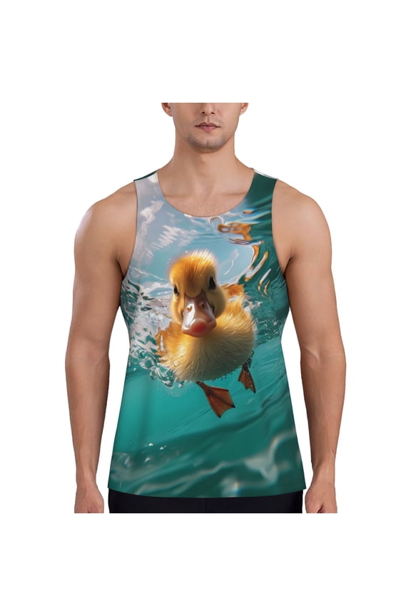 Underwater Swimming Duck Print Men's Quick Dry Fitness Vest, Round Neck Sleeveless Fitness Bodybuilding Top-Large