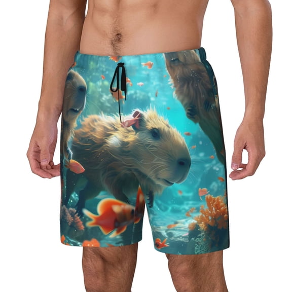 Gukieu Underwater Swimming Guinea Pig Print Men's Double Layer Sports Swim Trunks, Quick Dry Adjustable Waist Swim Shorts Swimwear-Small