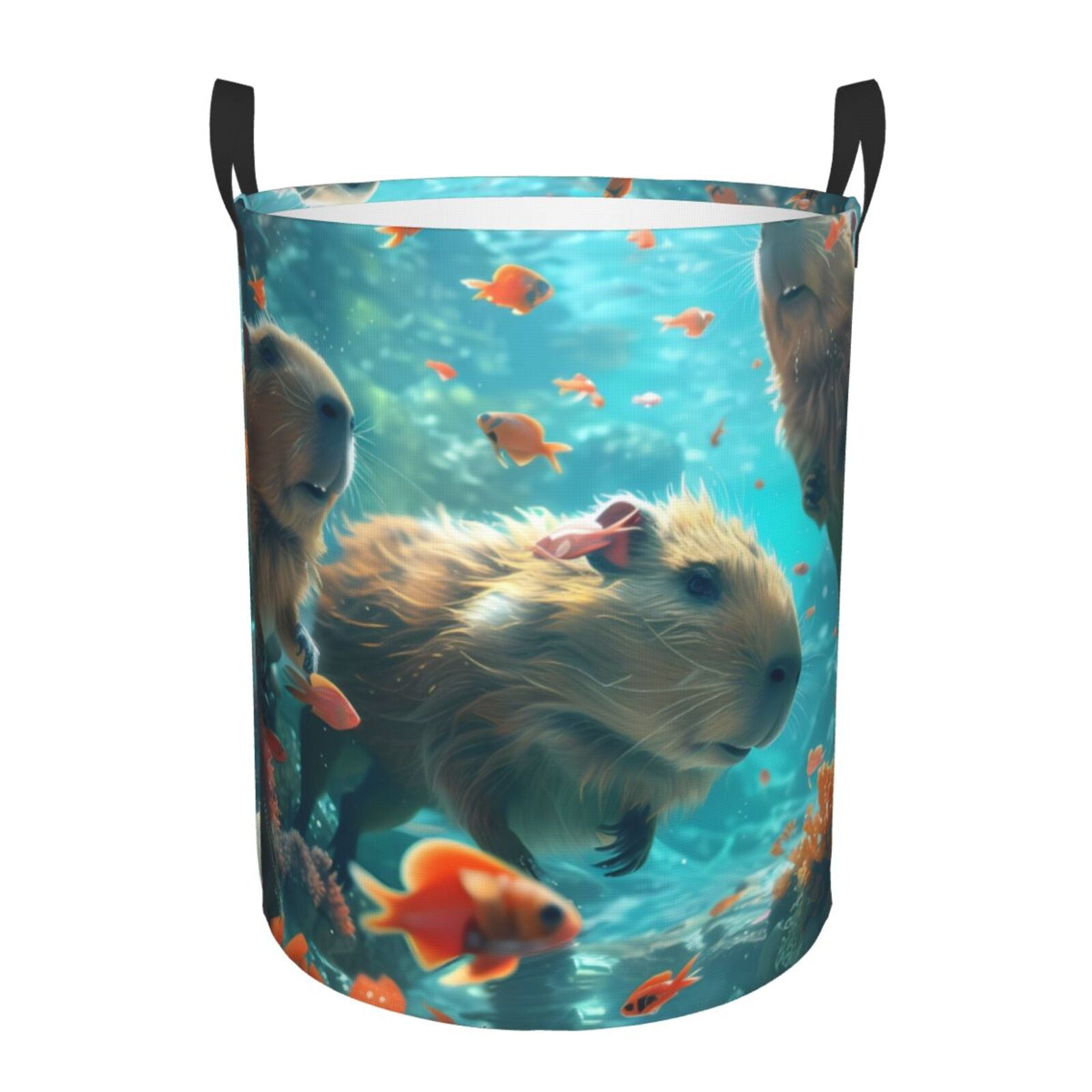 Gukieu Underwater Swimming Guinea Pig Print Round Dirty Clothes Bag, Waterproof Standing Home Bathroom Storage Basket Car Trunk Storage Bag-Small