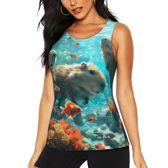 Gukieu Underwater Swimming Guinea Pig Print Women's Quick-drying Fitness Vest, Round Neck Sleeveless Fitness T-shirt, Suitable for Yoga, Sports-XX-Large