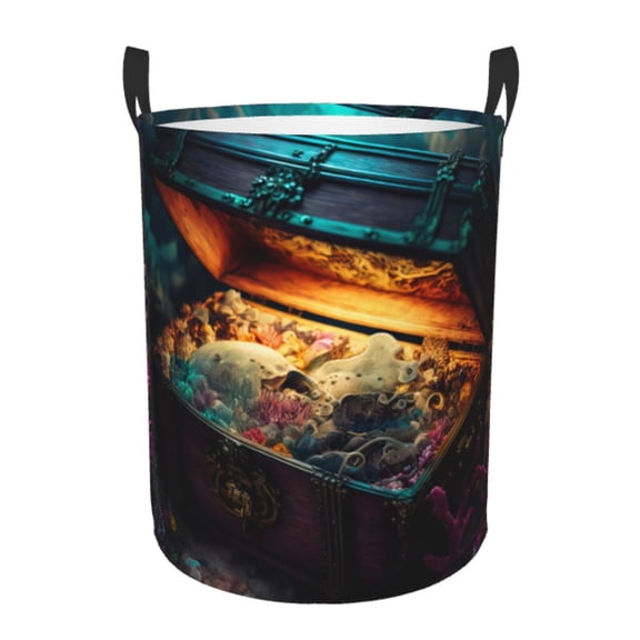 Gukieu Underwater Treasure Chest Print Round Dirty Clothes Bag, Waterproof Standing Home Bathroom Storage Basket Car Trunk Storage Bag-Small