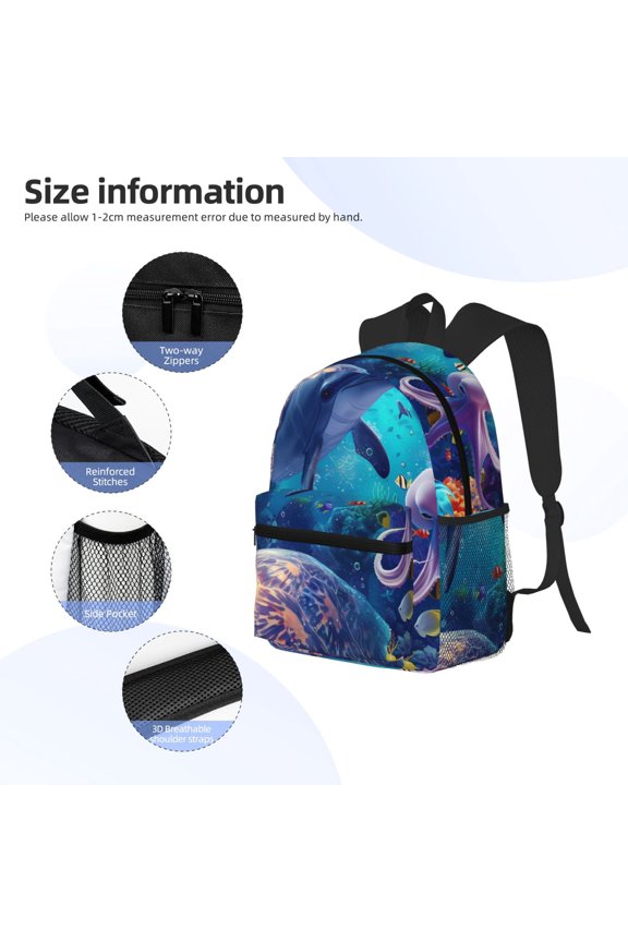 Underwater Turtle Dolphin Octopus Print Backpack, Waterproof Backpack with Adjustable Shoulder Straps, Suitable for Campus, Business, Travel, Unisex