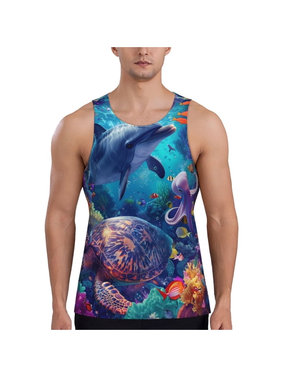 Underwater Turtle Dolphin Octopus Print Men's Quick Dry Fitness Vest, Round Neck Sleeveless Fitness Bodybuilding Top-Medium