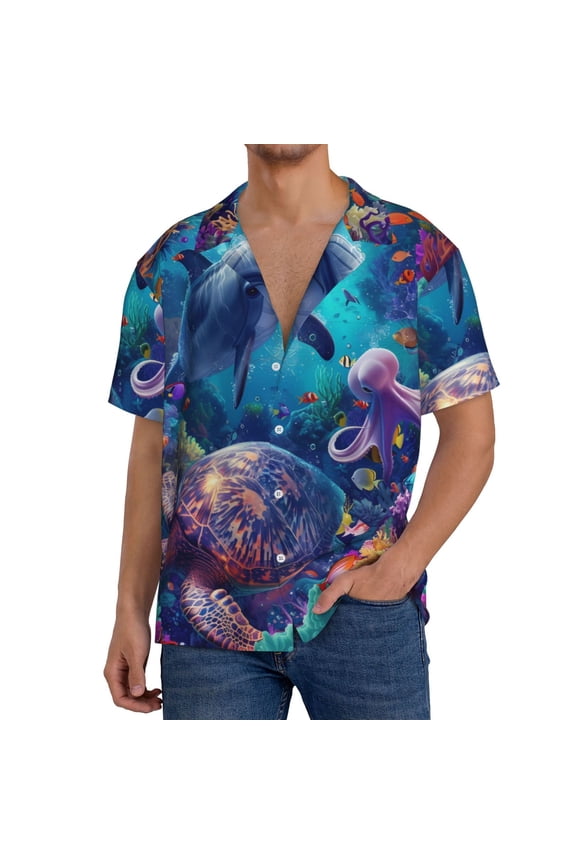 Underwater Turtle Dolphin Octopus Print Men's Short-sleeved Shirts, Button-down Pocket Shirts, T-shirts, Beach Vacation Travel Summer Clothing-Large