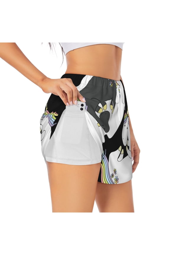 Unicorn in Yoga Print Women's Sports Shorts with Drawstring Elastic Waistband for Running, Yoga, Fitness-Medium