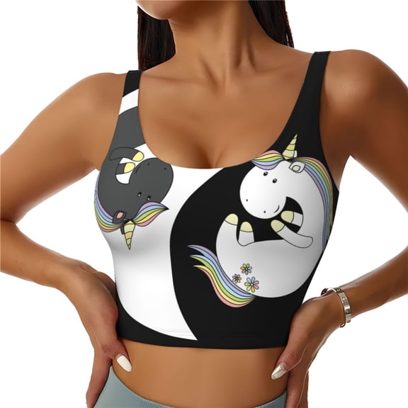 Gukieu Unicorn in Yoga Print Women's Sports Vest, Low-neck U-shaped Removable Pad Sports Bra for Yoga, Exercise, Dance-
