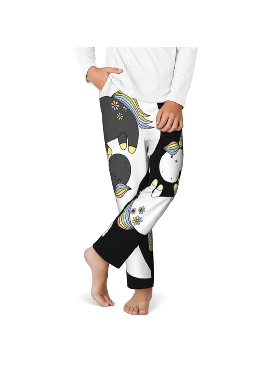 Unicorn in Yoga Print Youth Home Trousers, Elastic Waistband with Pockets for Home and Outing, Suitable for Children Aged 5-16-Medium