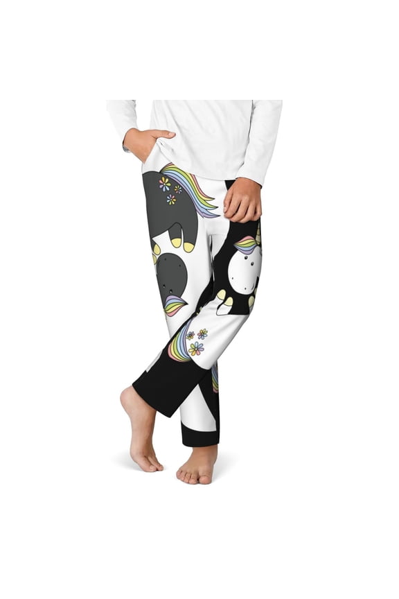 Unicorn in Yoga Print Youth Home Trousers, Elastic Waistband with Pockets for Home and Outing, Suitable for Children Aged 5-16-XS(5-6)