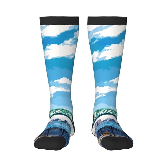 Gukieu Urban Riverside Clock Tower Print Contrast Color Stockings, Elastic Sports Socks Warm Socks Clothing Accessories, Adult Unisex