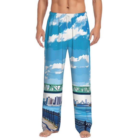 Gukieu Urban Riverside Clock Tower Print Men's Home Trousers, Elastic Drawstring Home Pajamas Clothing Suitable for Adult Men-3X-Large