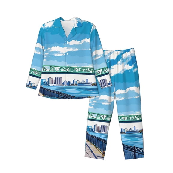 Gukieu Urban Riverside Clock Tower Print Men's Long-sleeved Pajamas Set, Elastic Waist Pajamas Button-down Pajamas Two-piece Set, Suitable for Adult Male Home Wear-Large