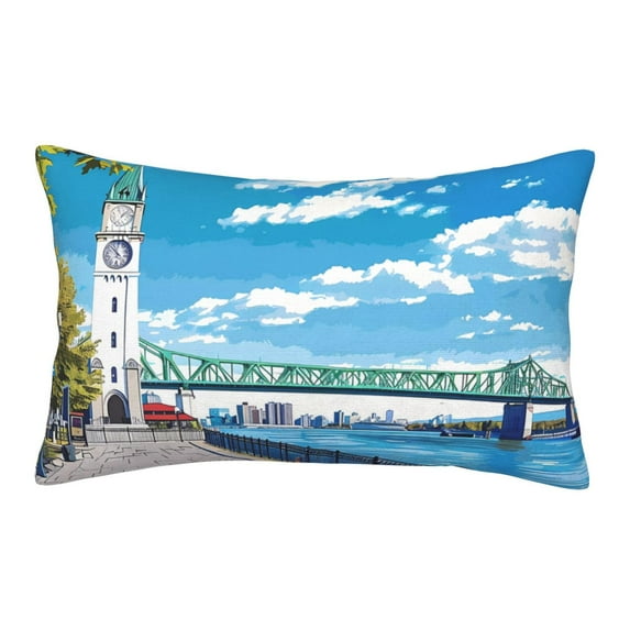 Gukieu Urban Riverside Clock Tower Print Plush Pillow Cover, Hidden Zipper Pillow Protector without Pillow Core, Suitable for Bedroom, Office, Car Decoration-16"x24"