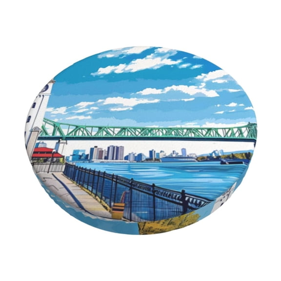 Gukieu Urban Riverside Clock Tower Print Round Chair Cover, Dust-proof and Non-slip Bar Chair Protective Cover, Suitable for Bars, Restaurants, Offices-12 inch