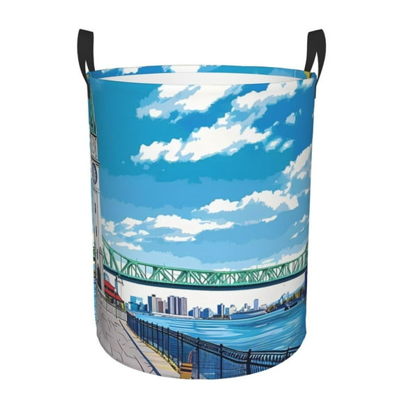 Gukieu Urban Riverside Clock Tower Print Round Dirty Clothes Bag, Waterproof Standing Home Bathroom Storage Basket Car Trunk Storage Bag-Small