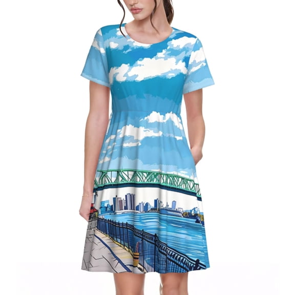 Gukieu Urban Riverside Clock Tower Print Women's Short Sleeve Dress, Elastic Waistband A-line with Pockets Summer Dress, Suitable for Daily Leisure, Work, Vacation