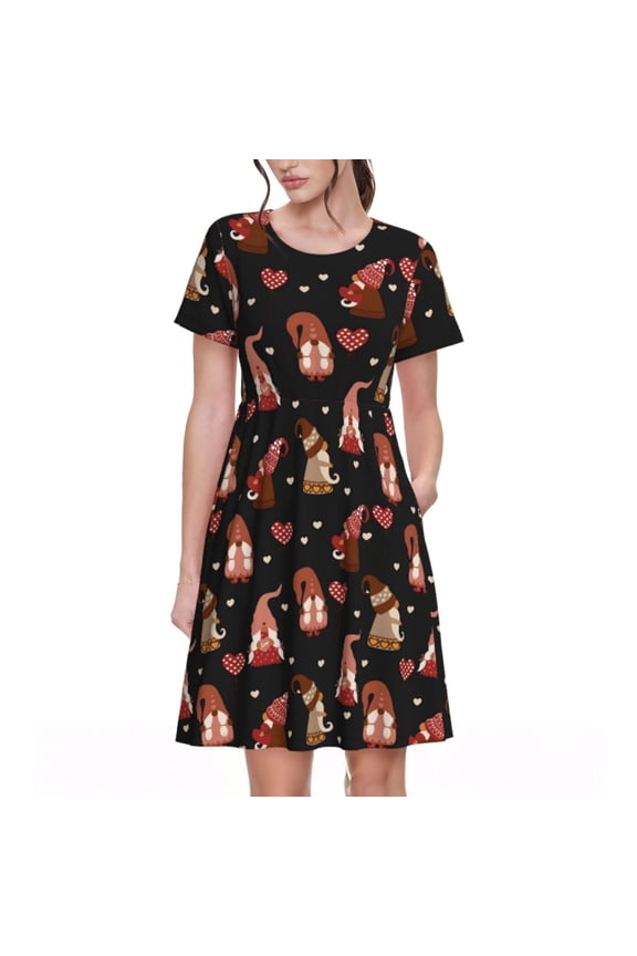 Valentine Gnome Print Women's Short Sleeve Dress, Elastic Waistband A-line with Pockets Summer Dress, Suitable for Daily Leisure, Work, Vacation