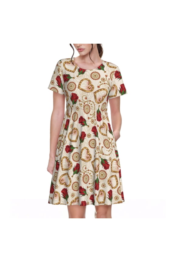 Valentine'S Day Rose Print Women's Short Sleeve Dress, Elastic Waistband A-line with Pockets Summer Dress, Suitable for Daily Leisure, Work, Vacation