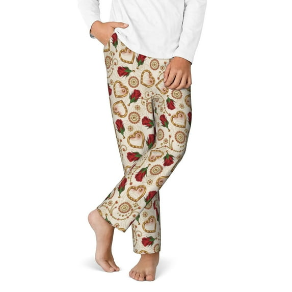 Gukieu Valentine'S Day Rose Print Youth Home Trousers, Elastic Waistband with Pockets for Home and Outing, Suitable for Children Aged 5-16-XS(5-6)