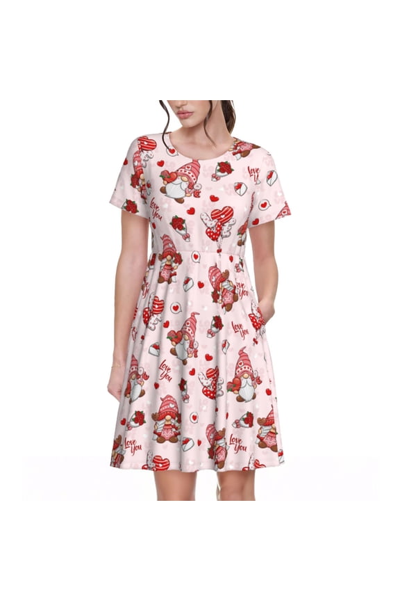 Valentine's Day gnome Print Women's Short Sleeve Dress, Elastic Waistband A-line with Pockets Summer Dress, Suitable for Daily Leisure, Work, Vacation